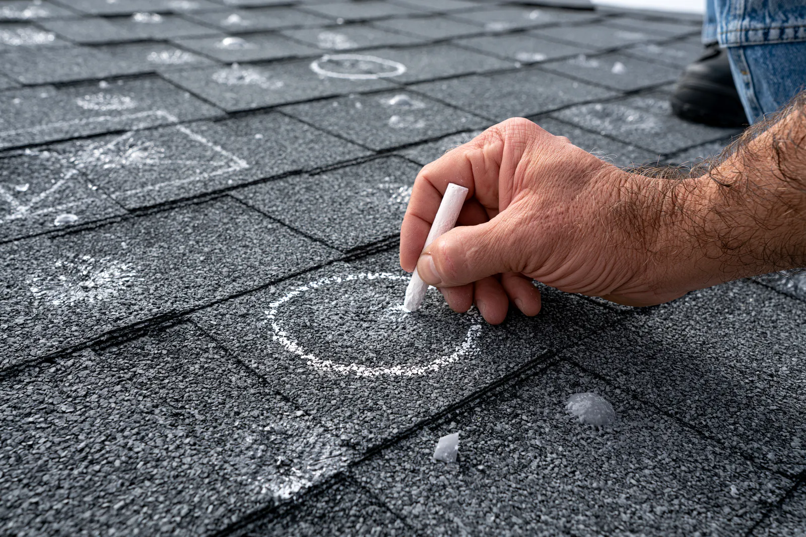 A roofer marks hail damage on a shingle roof with chalk